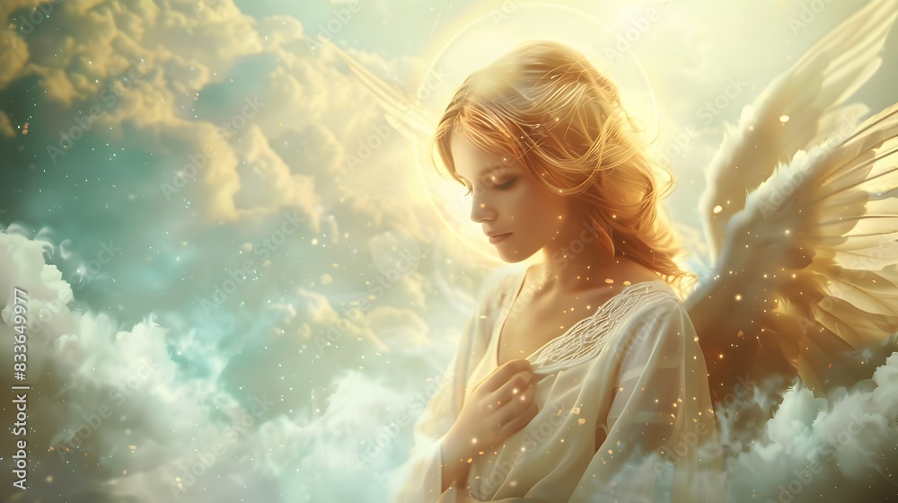 Radiant Angelic Figure Gently Drifting on a Soft Cloud Bed in a Heavenly Atmosphere Radiant Angelic Figure Gently Drifting on a Soft Cloud Bed in a Heavenly Atmosphere