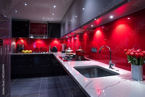 Striking red-themed kitchen with a glossy finish, modern appliances, and LED lighting, creating a bold and contemporary look photo