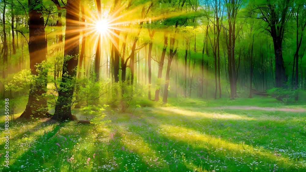 Obraz premium Silent Forest in spring with beautiful bright sun rays