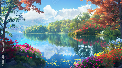Vibrant lakeside landscape bursting with color from blooming flowers, AI generative