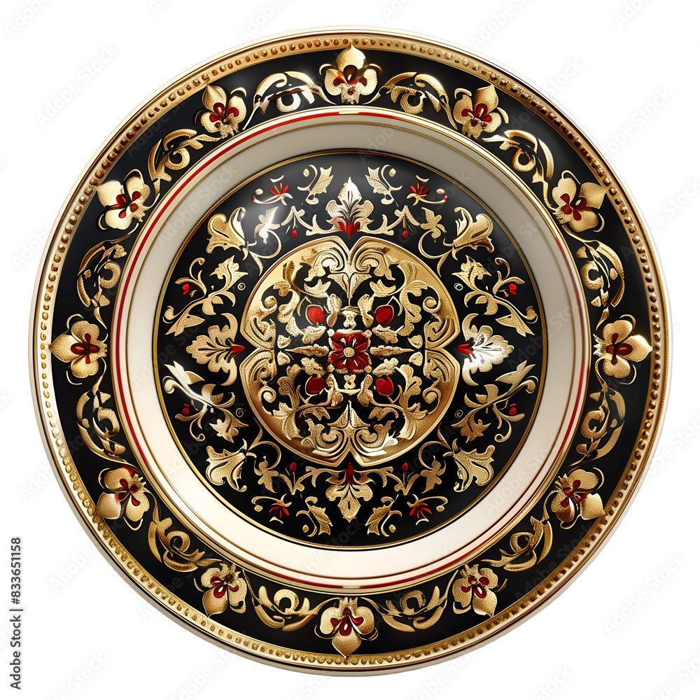 Black and Gold Plate With Red Flowers, Isolated on a Transparent Background, Graphic Resource Black and Gold Plate With Red Flowers, Isolated on a Transparent Background, Graphic Resource