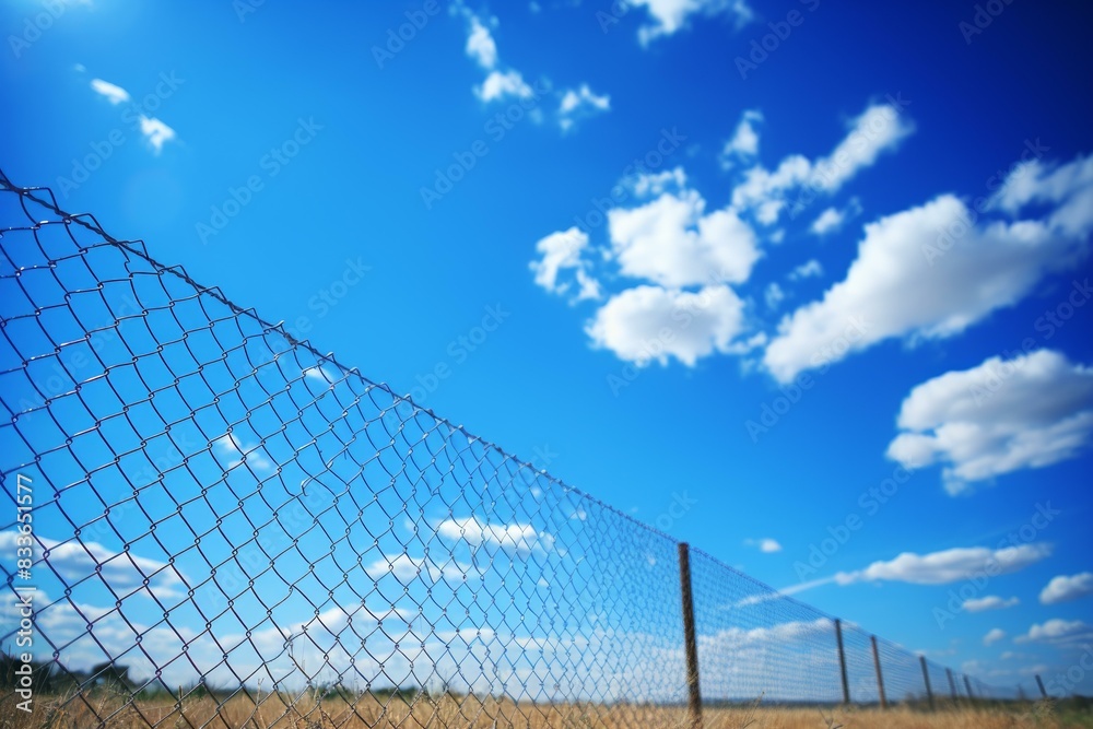 Vivid blue sky with fluffy clouds viewed through a chain-link fence on a sunny day Vivid blue sky with fluffy clouds viewed through a chain-link fence on a sunny day