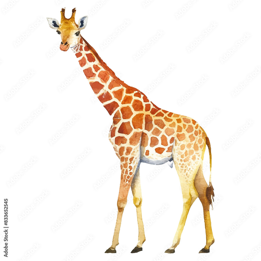 Obraz premium Watercolor hand drawn Giraffe, Giraffe PNG, Giraffe Clip Art, Giraffe Decor, Giraffe isolated on white background, Giraffe Illustration, African animals, Lion, Zebra, Elephant