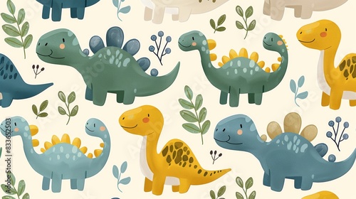 Fototapeta Naklejka Na Ścianę i Meble -  A cute pattern of pastel dinosaurs in shades of light green, yellow, and blue, playfully spaced across a cream background. 