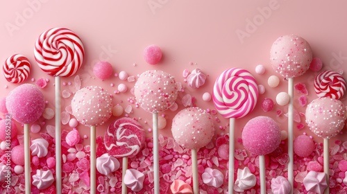 A delightful pink candy land backdrop with pastel-coloured lollipops and candy canes arranged along the bottom edge, kids party card. 