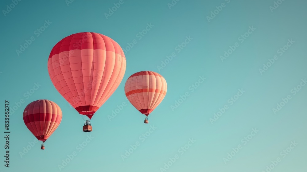 A minimalist sky scene with pastel hot air balloons floating in a soft blue sky. 