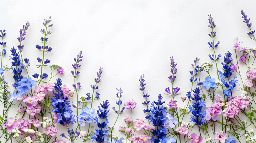 Naklejka premium Spring flowers border on white background, blue and purple colors.