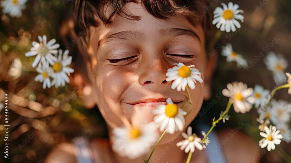 A young boy with a bright smile and eyes closed, clasping chamomile flowers close to his face, radiating happiness and the simple pleasures of childhood. A young boy with a bright smile and eyes closed, clasping chamomile flowers close to his face, radiating happiness and the simple pleasures of childhood.