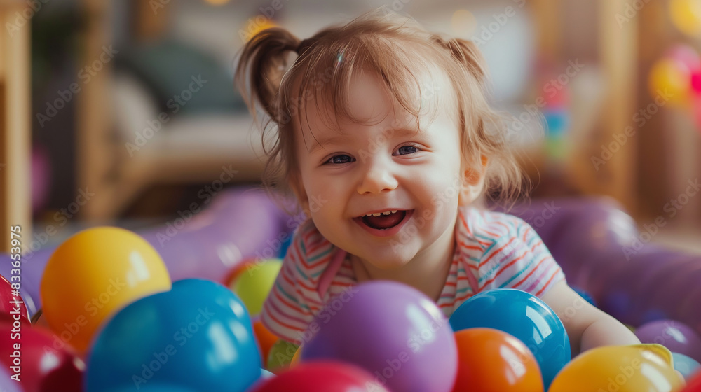 A girl with a happy smile on her face in a pile of colorful balls. A girl with a happy smile on her face in a pile of colorful balls.