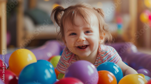 A girl with a happy smile on her face in a pile of colorful balls.