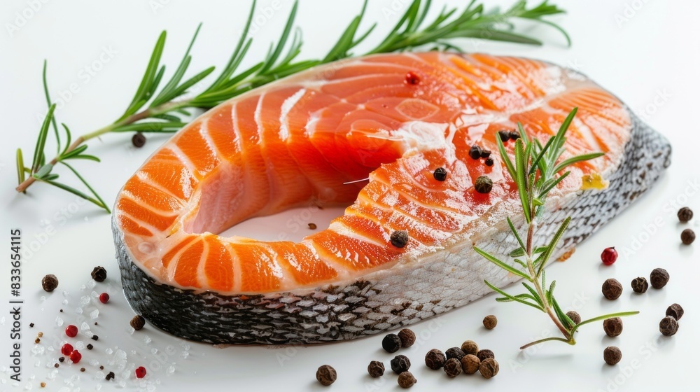 A piece of salmon with a sprinkle of pepper and rosemary A piece of salmon with a sprinkle of pepper and rosemary