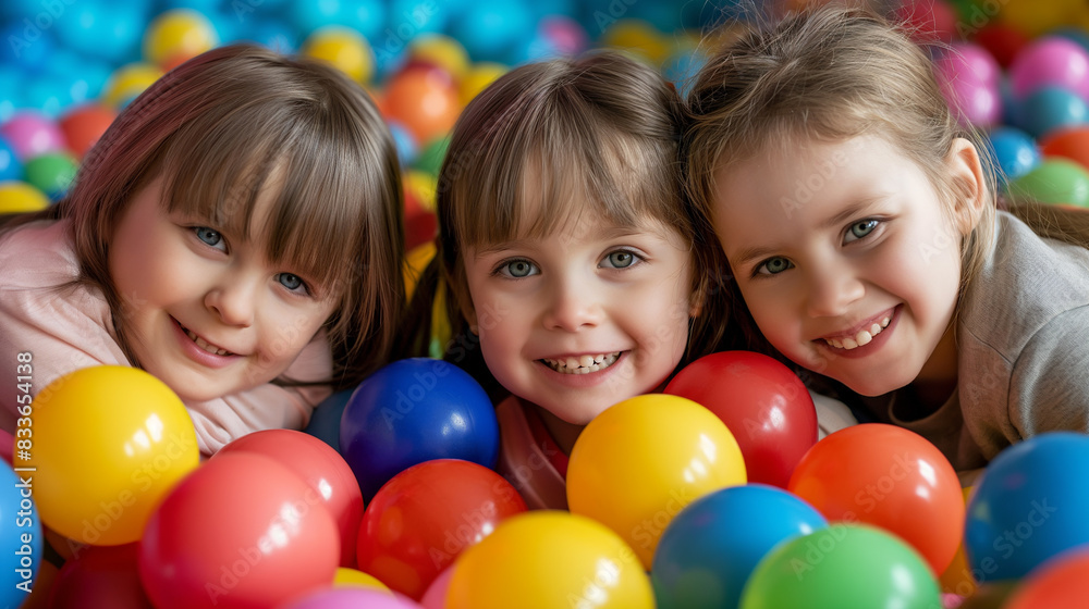 Obraz premium A group of happy smiling boys and girls in a pile of colorful balls.