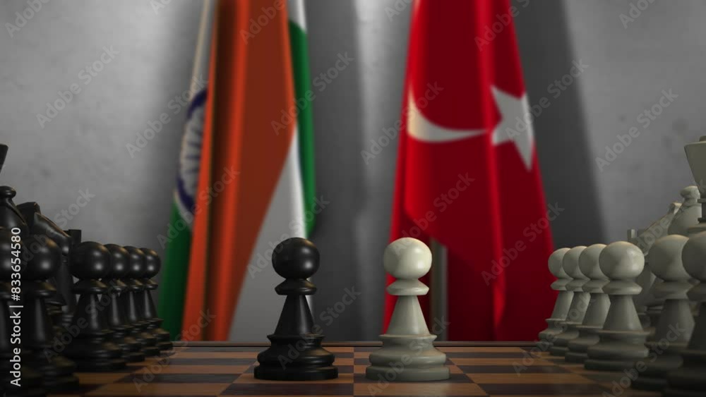 Turkey and India Flags with Chess Game Animation. Politics Concept, Government Conflict