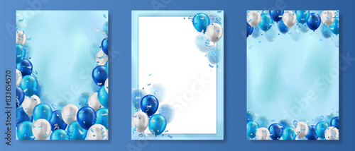 Set of vertical banners with 3d realistic blue and white glossy balloons and confetti ribbons decoration with blank space for greeting text. Posters design for birthday, celebration party, invitation