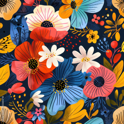 Abstract flowers pattern with vibrant colors and modern blooms. Seamless floral background perfect for wrapping paper and textile prints. Flat vector illustration with endless repeating texture.