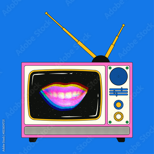 Old retro TV with noise. A bright vector illustration of a TV with a cut out smiling female mouth with a halftone effect on the screen in the style of the 90s-2000s.