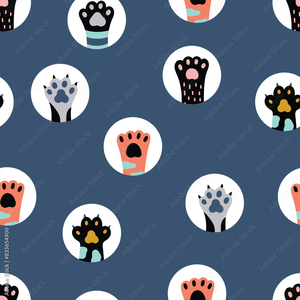 Cartoon colored cat paws . Polka dot. Vector illustration.Seamless pattern.