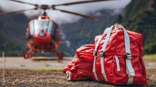 The red backpacks and helicopter