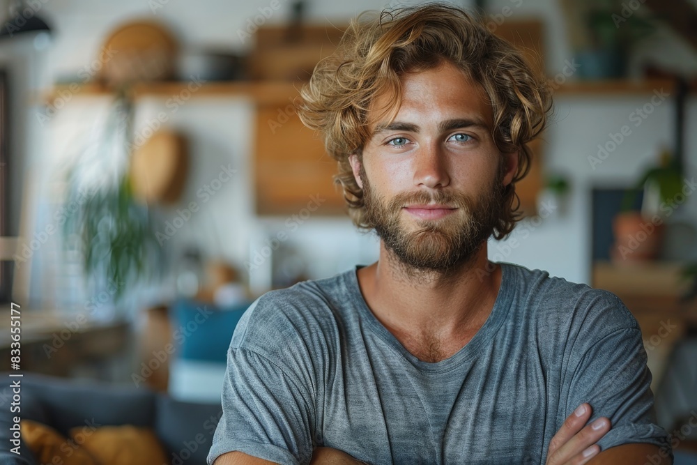 A carefree, approachable man with a gentle smile and casual attire, posing in a cozy home setting