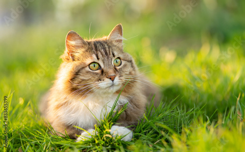 Fototapeta Naklejka Na Ścianę i Meble -  funny cat playing in green grass, pet walking on summer nature