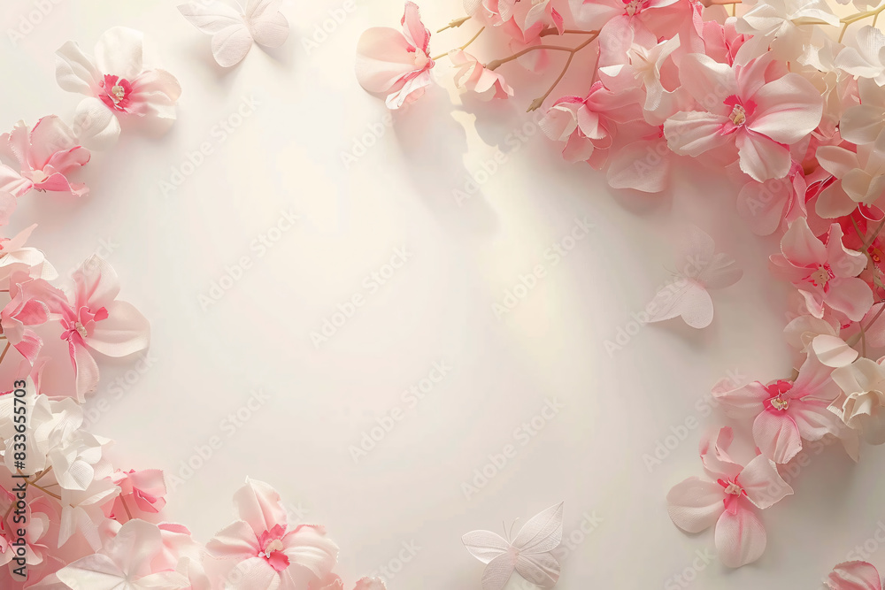 Pink rose petals frame a floral design of spring blooms and cherry blossoms Pink rose petals frame a floral design of spring blooms and cherry blossoms