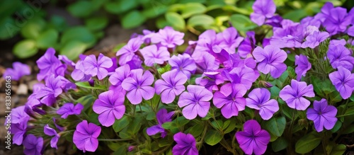 naturally beautiful purple flowers that grow in a garden with green leaves. Creative banner. Copyspace image