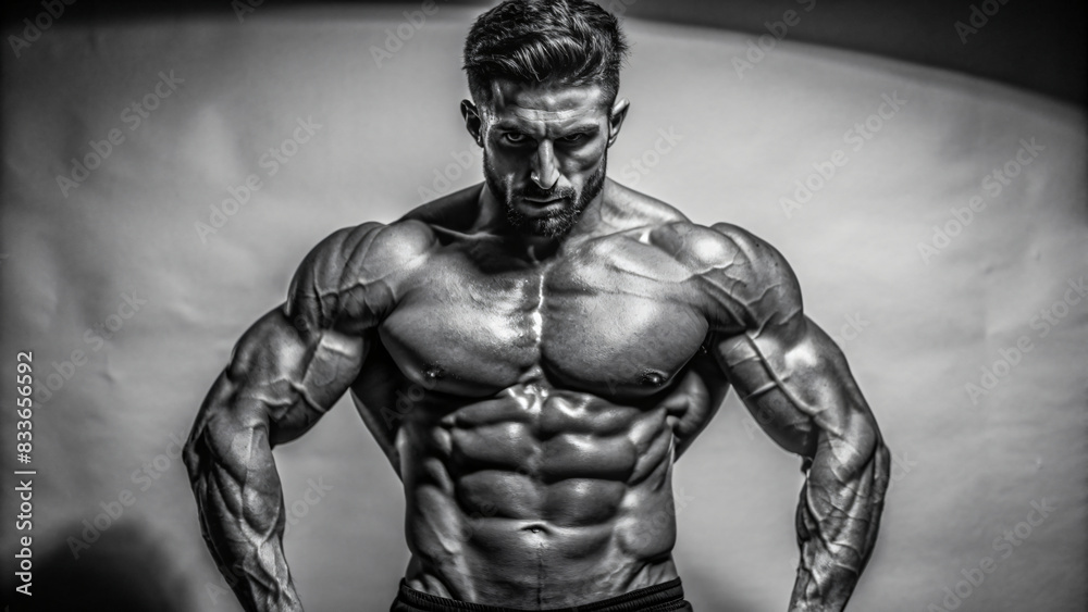 Obraz premium A shirtless muscular male model with a well-defined chest and abs poses in a studio setting