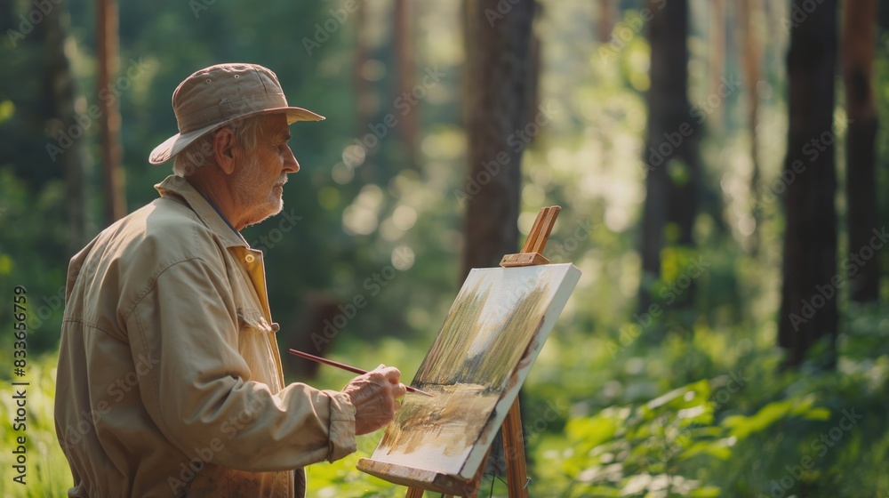Senior Artist Painting Nature in Sunlit Forest Senior Artist Painting Nature in Sunlit Forest
