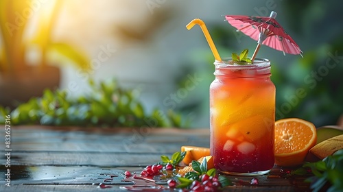 Refreshing Tropical Mocktail Layers Stacked in a Mason Jar for a Revitalizing Summer Retreat photo