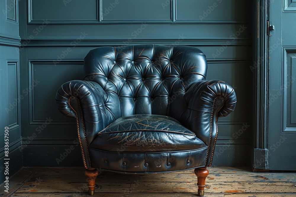 An elegant black leather armchair with worn textures stands prominently ...