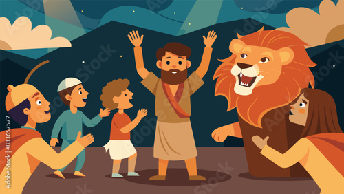 With lively musical numbers and enthusiastic acting a group of youth performers tell the story of Daniel in the lions den and the power of faith in. Vector illustration