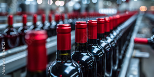 Modern wine bottling factory featuring a conveyor belt lined with red wine bottles, A long row of red wine bottles with vibrant caps displayed in a winery with a beautifully blurred background