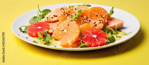 Salad with grapefruit and chicken in mustard marinade. Creative banner. Copyspace image