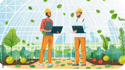 Farmers work in vegetable fields in large domes. running a small business