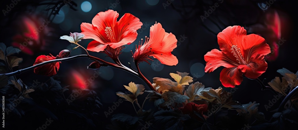 Two red flowers in the dark night. Creative banner. Copyspace image Two red flowers in the dark night. Creative banner. Copyspace image