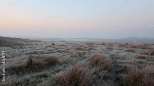 The image shows a beautiful sunrise over a vast field of grass covered in a blanket of white frost.