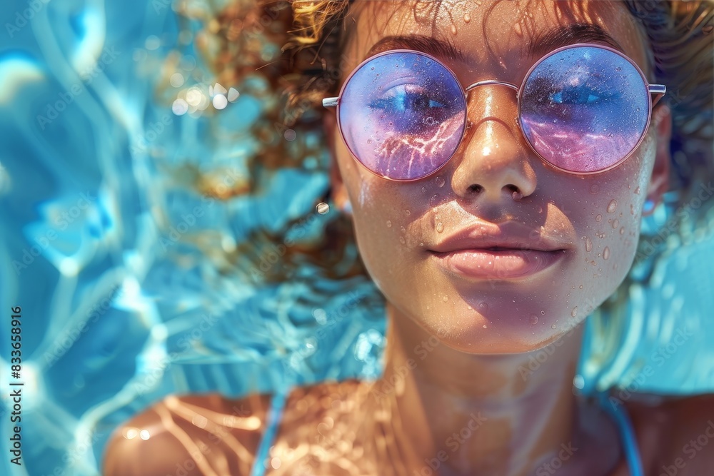 Naklejka premium Close-up of a young woman with water droplets on her pink sunglasses while submerged in a pool