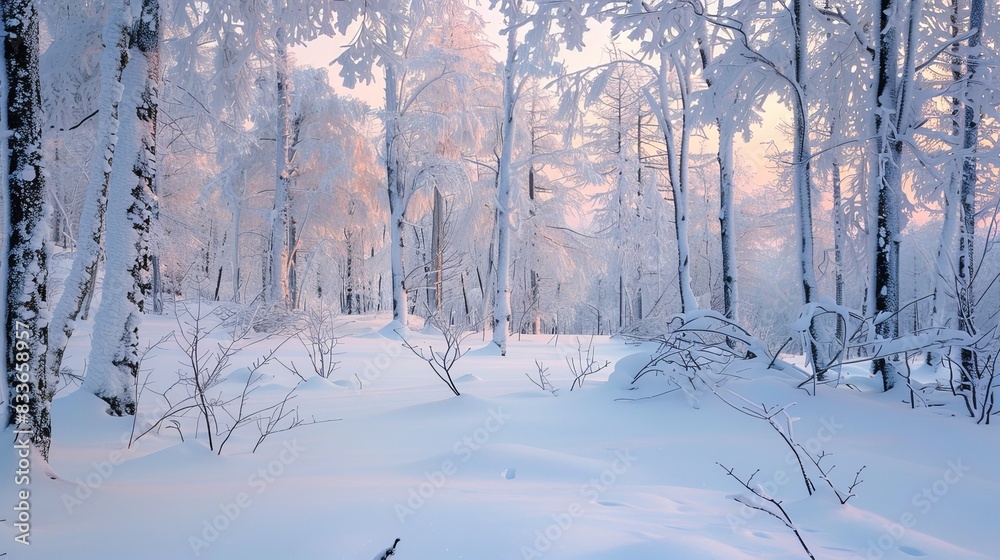 The image shows a beautiful winter forest with snow-covered trees and a bright sky. The image shows a beautiful winter forest with snow-covered trees and a bright sky.