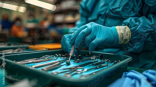 Skilled Surgeon Preparing Surgical Tools for Precise Medical Procedure in Sterile Hospital Setting photo