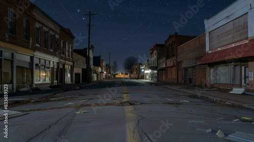 The image shows an empty street with a few buildings on either side. The street is lit by a few streetlights. The buildings are mostly old and rundown.