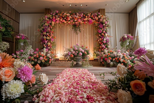 An elaborate floral arch  detailed aisle with rose petals and fancy drapes as a romantic wedding venue setup