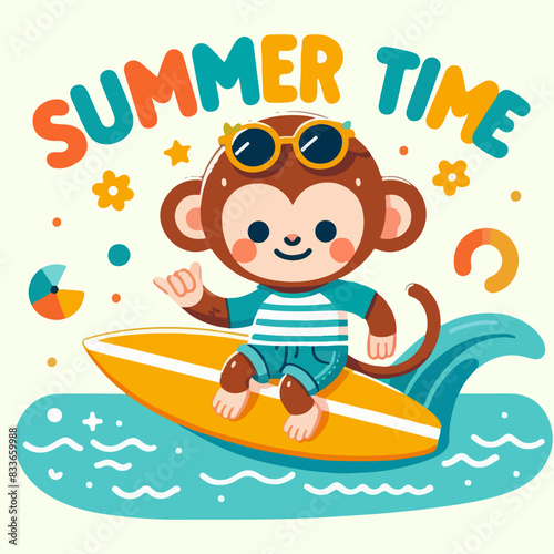 vector cute summer monkey surfing t-shirt art design