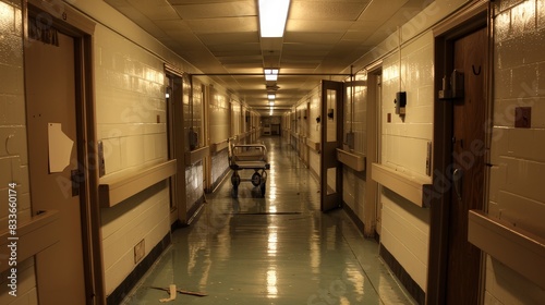 Haunting image of an empty hospital hallway. photo
