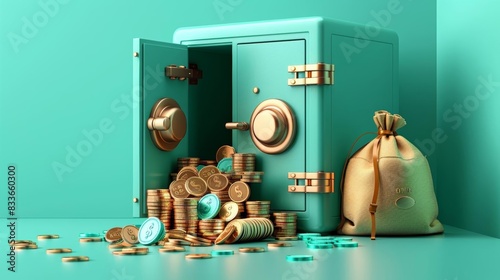 Pastel teal background featuring a 3D closeup of an open safe box with a money bag spilling out coins, rendered in a flat minimalstyle for a touch of intrigue photo