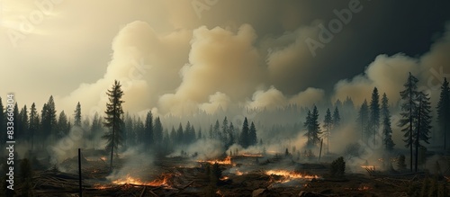 Forest and land fires are increasingly widespread and visible smoke is blown by the wind. Creative banner. Copyspace image photo