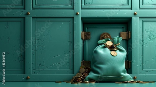 Pastel teal background featuring a 3D closeup of an open safe box with a money bag spilling out coins, rendered in a flat minimalstyle for a touch of intrigue