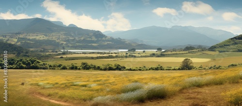 A meadow and mountains in the portuguese countrysie. Creative banner. Copyspace image photo