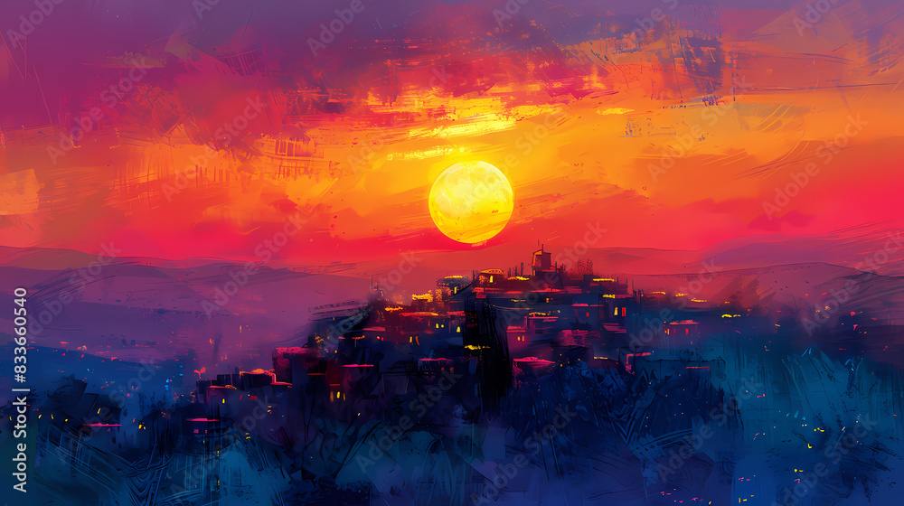 Digital painting of a sunset over the hillside village in the countryside Digital painting of a sunset over the hillside village in the countryside
