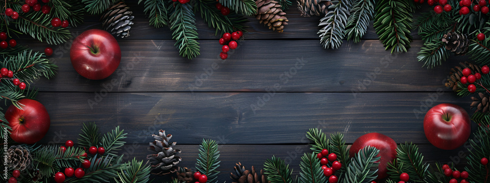 Christmas background with a dark wooden table and decorations made from pine branches, red berries and apples on the sides Christmas background with a dark wooden table and decorations made from pine branches, red berries and apples on the sides