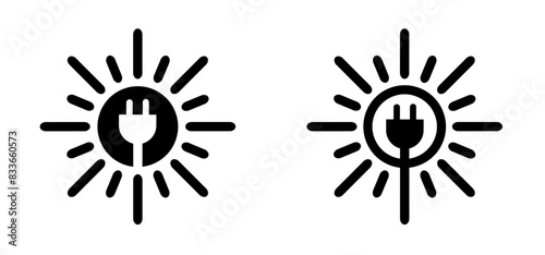 electrical plug and sun logo. Milieu, solar panels, plug and play. Environmentally friendly, sun energy. Solar panel that generate electricity. Solar, battery panel concept. Home or house concept.